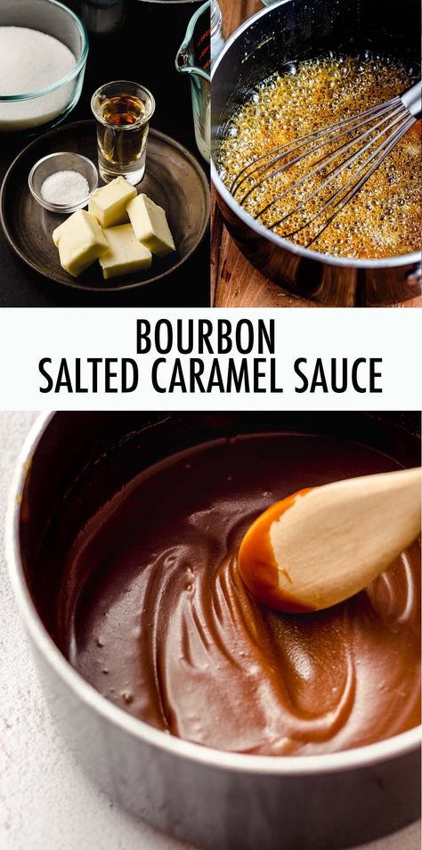 You only need five basic ingredients to make this simple caramel sauce recipe flavored with bourbon. In this recipe, I use the "wet" caramel method which is my tried and true method. | bourbon salted caramel sauce recipe | bourbon caramel sauce recipe | bourbon caramel sauce easy | caramel sauce with bourbon | homemade bourbon caramel sauce Whisky Caramel Sauce, Simple Caramel Sauce, Bourbon Salted Caramel, Caramel Sauces, Caramel Bourbon, Salted Caramel Sauce Recipe, Bourbon Caramel Sauce, Bourbon Caramel, Caramel Sauce Recipe