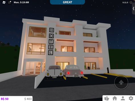 Cute Bloxburg Hotel Ideas, Bloxburg Hotel Restaurant, Bloxburg Small Hotel Ideas, Club Roblox Hotel Ideas, Bloxburg Hotel Ideas Exterior Layout, Hotels In Bloxburg, Blocksburg Hotel Ideas, Roblox Bloxburg Hotel Ideas Layout, Hotels Bloxburg