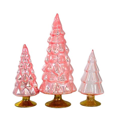 Set Of Three Decorative Mercury Glass Trees. This Three Piece Set Contains Opaque And Translucent Colored Trees.. 7 In H X 2.75 In W X 2.75 In D. Purchase includes 3 Glass Trees. Mercury Glass Trees, Pink Christmas Table, Vintage Pink Christmas, Glass Trees, Christmas Sloth, Cody Foster, Pink Xmas, Pink Christmas Decorations, Gold Christmas Decorations