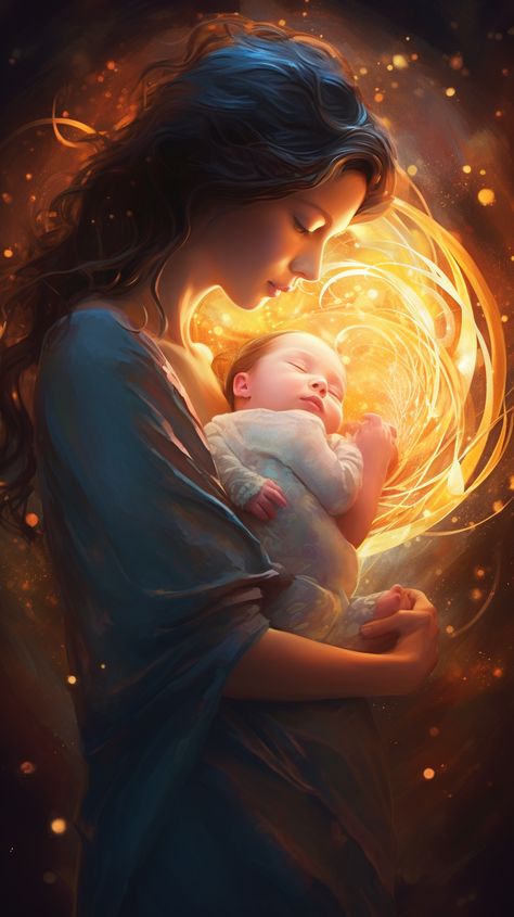 Generate an image of a mother embracing her newborn baby, with a subtle glow radiating from their hearts, symbolizing the heart's role in sustaining life Mother And Baby Paintings, Gods Healing, Mother Flower, Early Stages Of Pregnancy, Hands Reaching Out, Mother Images, Mother Love, Mother Art, Baby Painting