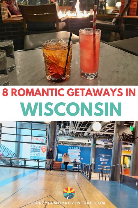 Contains 2 images, the top image shows 2 cocktails, and the bottom image shows a couple playing shuffle board Wisconsin Getaways, Midwest Getaways, Hudson Wisconsin, Long Weekend Getaways, North America Travel Destinations, Romantic Things To Do, Travel Bucket List Usa, Wisconsin Travel, Romantic Travel Destinations