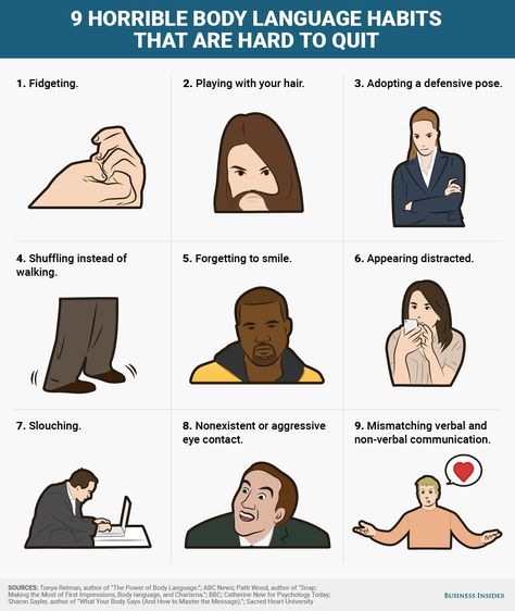 9 horrible body language habits that are hard to quit http://www.businessinsider.com/horrible-body-language-habits-that-are-hard-to-quit-2016-10 Confident Body Language, Reading Body Language, Nonverbal Communication, How To Read People, Personality Development, Psychology Today, Human Behavior, Psychology Facts, Public Speaking