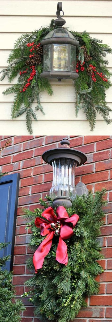 32 beautiful Christmas porches & front doors: how to create gorgeous and playful DIY outdoor Christmas decorations such as garlands, wreaths, lights, ornaments, Christmas pots, and more! - A Piece of Rainbow #homedecor #homedecorideas #christmas #christmasdecor #christmasideas #thanksgiving #gardens #patio #patiodesign #holiday #backyard #curbappeal #diycrafts #diy #porch #outdoor #outdoor lighting #christmascrafts Christmas Decor For Outdoor Light Fixtures, Outdoor Christmas Wreaths On Gate, Front Porch Xmas Decorating Ideas, Christmas Porches, Outdoor Christmas Diy, Signs Christmas, Ornaments Wood, Diy Christmas Lights, Christmas Pots