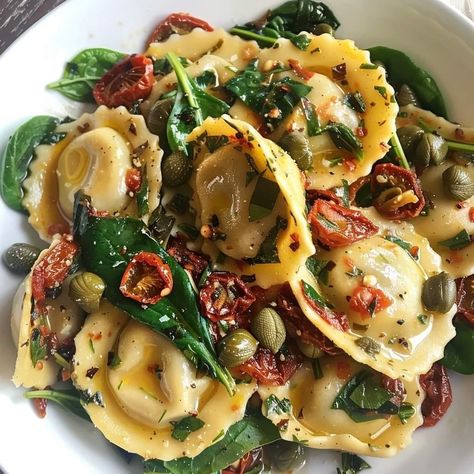 Italian Ravioli With Spinach Artichokes, Baked Clams Oreganata, Italian Ravioli, Ravioli With Spinach, Pesto Ravioli, Sausage Ragu, Cheese Ravioli, Sun Dried Tomatoes, Vegetarian Dinner