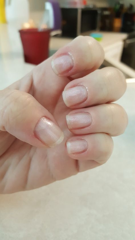 Totally diggin this manicure. Pearlescent polish over nail strengthener after a good scrub in baking soda and h2o2 to whiten and clean, cuticle dissolver, pumice stone cuticle pusher, nippers cleaned up the rest, then finished off with buffing, cuticle oil, hand lotion and slept in vaseline coated cuticles and nail beds and here is the result. I wish I had taken a before shot Diy Natural Detergent, Dip Manicure, Cuticle Softener, Nail Beds, Cleaning Advice, Baking Soda Beauty Uses, Lip Care Routine, Pumice Stone, Health Planner