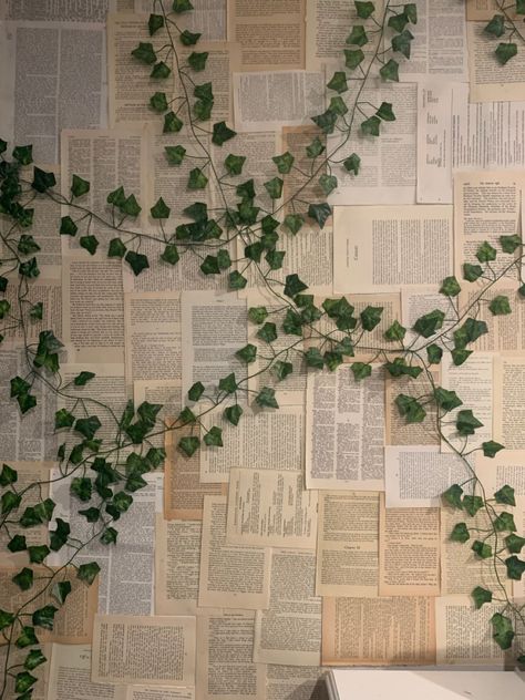 Book pages with vines Paper Wall Aesthetic, Book Page Wallpaper Bedroom, Book Page Wallpaper Diy, Pages On Wall Aesthetic, Book Page Collage Wall, Book Wall Bedroom, Book Pages Wall Decor Aesthetic, Book Aesthetic Room Decor, Book Page Walls