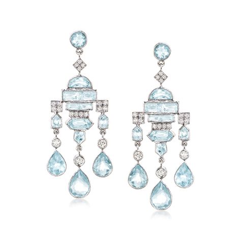 Ross-Simons - C. 1990 Vintage 7.30ct t. w. Aquamarine, .60ct t. w. Diamond Chandelier Earrings. C. 1990. Featuring a contemporary design iced with shimmering jewels, these Estate collection earrings are sure to strike intrigue! The chandelier-style drops feature a geometric variety of 7.30 ct. t. w. multi-cut aquamarines illuminated by .60 ct. t. w. round brilliant-cut diamonds. Crafted in 18kt white gold. Hanging length is 1 3/4". Post/clutch, diamond and aquamarine chandelier earrings. Exclusi Jewelry Aquamarine, March Birthdays, Blue Diamond Jewelry, Diamond Chandelier Earrings, Diamond Chandelier, Aquamarine Birthstone, Aquamarine Gem, Aquamarine Earrings, Fine Jewelery