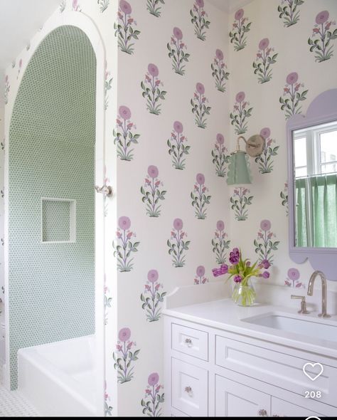 Girly Interior, Fun Bathrooms, Southern Charm Homes, Girl Bathroom, Block Print Wallpaper, Cute Bathroom, Southern House, Purple Bathrooms, Dream Dream