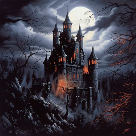 Movie Posters Background, 80s Dark Fantasy Art, Gothic Castle Aesthetic, Dark Fantasy Castle, Scary Castle, Haunted House Pictures, Demon Castle, Spooky Castles, Fantasy Poster