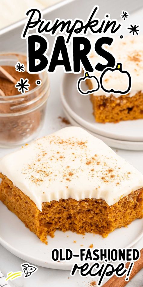 Pumpkin Bars Pumpkin Bars Easy Recipe, Pumpkin Cookie Bars Easy, Pumpkin Baked Desserts, Super Easy Pumpkin Desserts, Fall 9x13 Desserts, Pumpkin Bread Bars, The Best Pumpkin Bars, Pumpkin Bars With Applesauce, Pumpkin Bar Cake