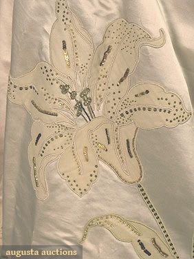 Ballgown (image 6) | House of Worth | Paris | 1900 | satin, wool challis, Brussels lace, beads, sequins | Augusta Auction House | April 2006/Lot 823 1800s Gown, Brussels Lace, House Of Worth, Satin Embroidery, Fabric Trimmings, Wedding Embroidery, Day Lilies, Art And Craft Design, Evening Dress Fashion