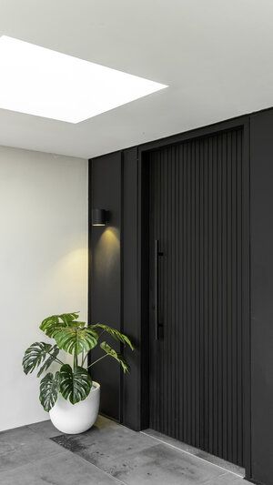 Modern Black Doors Entrance, Home Entrance Decor Modern Front Door, Modern Door Sign, Monument Front Door, Modern Front Door Black, Grey Main Door, Black Barn Doors In The House, Exterior Front Door Ideas Entrance, Front Door Design Modern Entrance