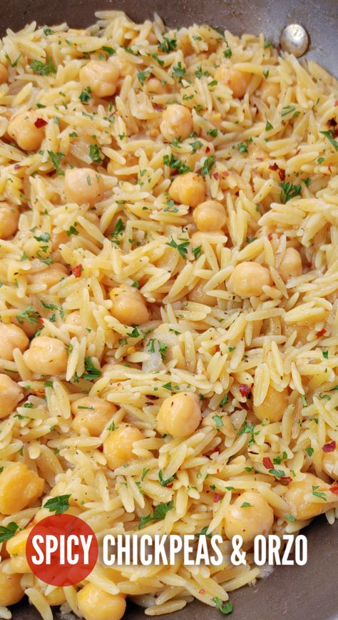 Spicy Chickpeas with Orzo! A Mediterranean inspired recipe with chickpeas (garbanzo beans), orzo and layers of spices and mild heat that doubles as the perfect side or a meatless main dish. Rice With Garbanzo Beans, Orzo Recipes Side, Chickpea Orzo, Recipe With Chickpeas, Bean Soups, Spicy Chickpeas, Garbanzo Bean Recipes, Garbanzo Beans Salad, South Your Mouth