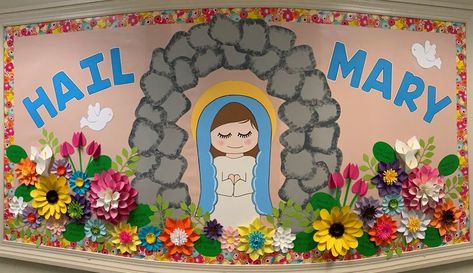 Virgin Mary Bulletin Board Ideas, Month Of The Rosary Bulletin Board, Mother Mary Bulletin Board Ideas, Rosary Bulletin Board Ideas, Mary Bulletin Board Ideas, Classroom Altar, Catholic School Bulletin Board Ideas, Butterfly Bulletin Board, Catechism Crafts