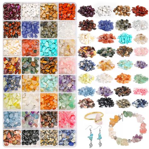 Jollidecor 32 Colors Crystal Stone Beads for Ring Making, Crystal Chips Gemstone Beads Kit Assorted for Jewelry Bracelets, 5mm to 8mm Irregular Rocks Beads Necklace Earring Craft DIY Supplies Beads Kit, Crystal Chips, Diy Jewlery, Ring Making, How To Make Rings, Bead Kits, Chip Beads, Earring Crafts, Diy Supplies