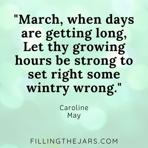 Caroline May quote 'March, when days are getting long, Let thy growing hours be strong to set right some wintry wrong.' Click through for more inspirational quotes for March. These spring quotes are perfect for planner pages, bullet journals, and your daily journaling. #inspiration #spring #quotes Month Of March Quotes, Quotes For March, Hello March Images, Challenge Yourself Quotes, March Inspiration, Seasonal Quotes, March Quotes, New Month Quotes, The Ides Of March