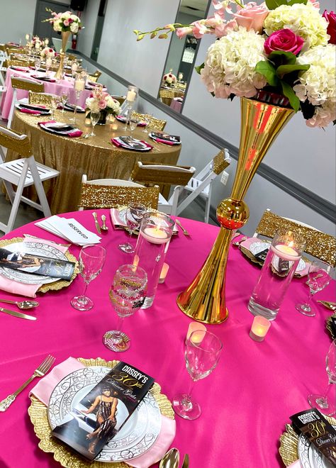 Hot Pink And Gold Birthday Party, Gold Table Decorations, Moms 60th, Birthday Party Checklist, Pink And Gold Birthday Party, Pink Gold Birthday, White Party Decorations, 60th Birthday Decorations, 100th Birthday Party