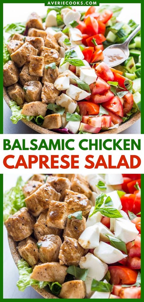 Balsamic Chicken Caprese Salad, spring food ideas, healthy salad recipes Chicken Caprese Salad, Ensalada Caprese, Chicken Caprese, Salad With Balsamic Dressing, Keto Salads, Green Salads, Averie Cooks, Salad Chicken, Caprese Chicken