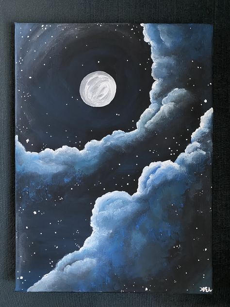 Acrylic paints Night Sky With Clouds Painting, Moon Space Painting, Sky With Acrylic Paint, Moon And Clouds Painting Acrylic, Clouds At Night Painting, Dark Night Painting Easy, Night Sky With Moon Painting, Simple Moon Painting Ideas, Painting The Moon Acrylic