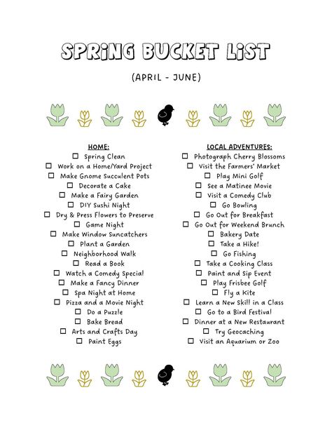 "Fun Bucket List Activity to do this Spring! Live each season to the fullest with this fun checklist poster for kids and adults. You will receive: One 8.5\" x 11\" PDF  DIGITAL FILE - INSTANT DOWNLOAD  This listing is for printable, digital PDF files only. This is not an editable document. No printed material will be shipped to you. * Downloaded products are non-refundable THESE FILES ARE FOR PERSONAL USE ONLY. You may not sell or share the files or any graphics they contain. No commercial use allowed." Fun Checklist, Seasonal Bucket List, Spring Checklist, Bucket List Activity, Spring Bucket List, Date Plant, Bucket List Printable, Spring Fun, List Printable