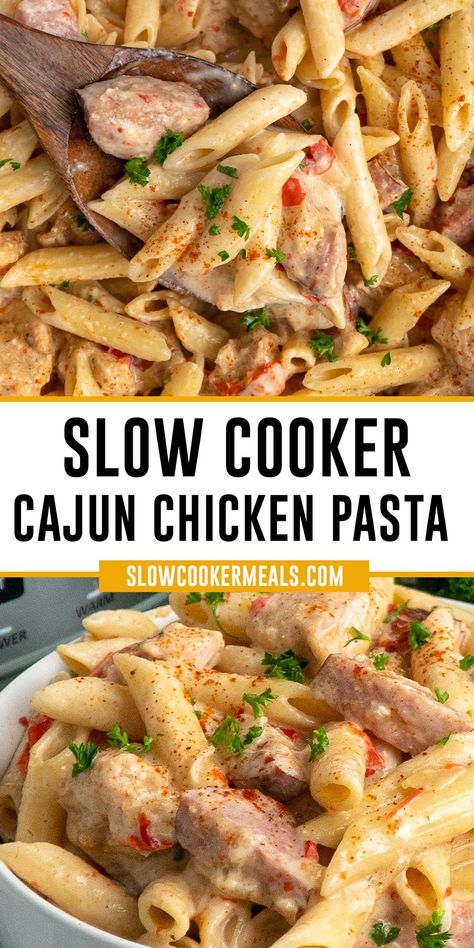 A wooden spoon holding cajun chicken pasta. Cajun Alfredo Pasta Crockpot, Creamy Cajun Chicken Pasta Crockpot, Slow Cooker Cajun Chicken Pasta, Crock Pot Cajun Chicken Pasta, Sausage Pasta Crockpot, Crockpot Cajun Chicken Pasta, Slow Cooker Cajun Chicken Alfredo, Sausage Crockpot Recipes, Slow Cooker Cajun