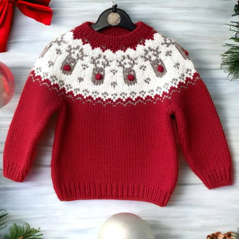 Baby Christmas Sweater, Christmas Sweater Pattern, Fair Isle Christmas, Motif Fair Isle, Knitted Christmas Jumpers, Hand Knitted Jumpers, Icelandic Sweaters, Handmade Patch, Christmas Cardigan