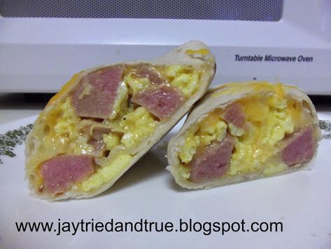 Jay Tried and True: Spam Breakfast Burritos Spam Breakfast Burrito, Spam Breakfast, Spam And Eggs, Egg Burrito, Breakfast Burrito, Pineapple Recipes, Taco Sauce, Monterey Jack, Egg Breakfast