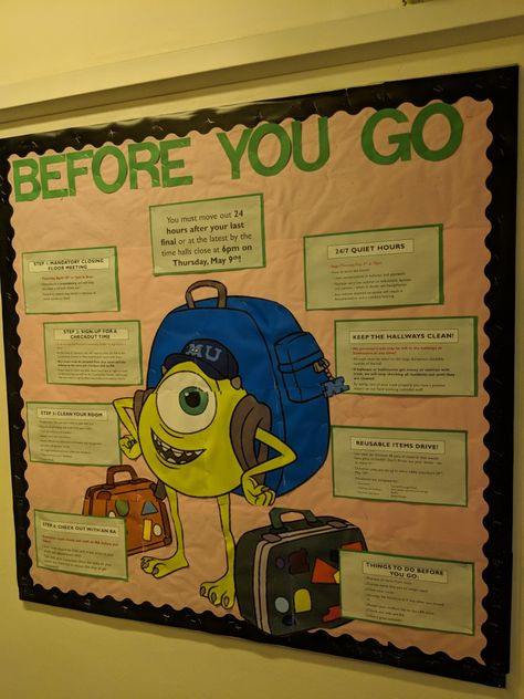 Bulletin Boards For College Dorms, Closing Bulletin Board Ra Summer, Disney Bulletin Boards College, End Of Year Ra Bulletin Board, All About Me Ra Board, Creative Ra Bulletin Boards, Monsters Inc Ra Theme, Midterm Bulletin Board, Monsters University Ra Theme