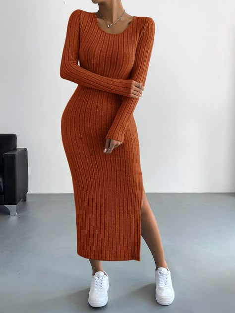 Rust Brown Casual Collar Long Sleeve Fabric Plain Fitted Embellished High Stretch  Women Clothing Ribbed Dress, Minimalist Dresses, Ribbed Knit Dress, Split Dress, Crewneck Dress, Vestido Casual, Long Sleeve Bodycon, Comfortable Dress, Womens Midi Dresses