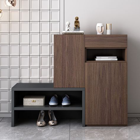 49.2" Mid-Century Walnut Extendable Entryway Shoe Storage Corner Shoe Storage Cabinet with 7 Shelves & 1 Drawer and Entryway Bench Corner Shoe Storage, Shoe Storage Cabinet Entryway, Cabinet Entryway, Entrance Console, Shoe Cabinet Entryway, Storage Corner, Bathroom Mirror Design, Main Entrance Door Design, Wooden Shoe Racks