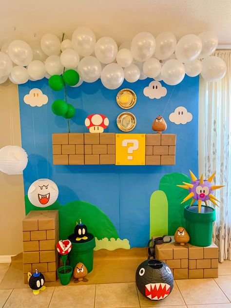 Diy Super Mario Backdrop, Mario Backdrop Birthday Party Ideas, Diy Mario Backdrop, Mario And Luigi Decorations, 4th Birthday Party For Boys Mario, Mario Theme Decor, Mario Peach Party, Mario Cart Theme Party, Super Mario Party Birthday