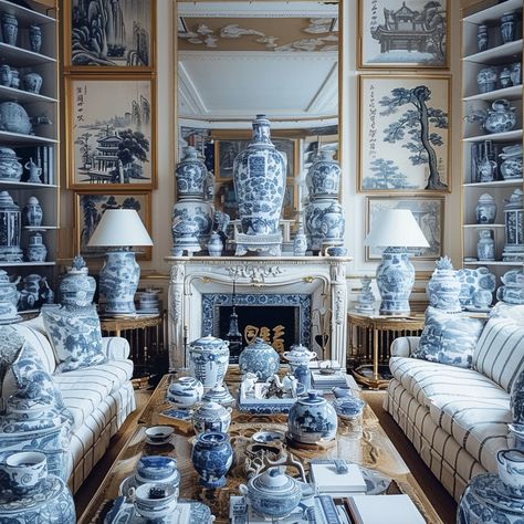 Is there such thing as too much blue and white? I’m a firm believer that blue and white makes everything better. Blues create a soothing pallet, while white serves as the perfect neutral to make color pop. Like many others in the design community, I love vintage and antique blue and white porcelain. This image is my small creation of a chinoiserie heaven 🤍 With warm gold tones, textured fabrics and delicate moldings, I’m ready to move in! #blueandwhite #blueandwhiteheaven #chinoiserie... White Wash Wood Furniture, French Chinoiserie, Textured Fabrics, Luxe Living Room, Asian Furniture, Blue White Decor, Country Decorating, Blue Room, Chinoiserie Chic