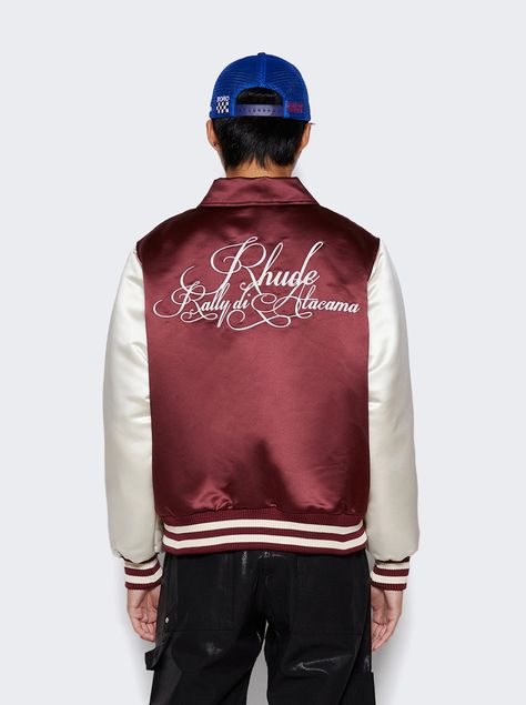 "Find RHUDE Satin Varsity Jacket on Editorialist. Front zipper closure Contrast sleeves Ribbed waist, and cuffs Embroidery on back Dimensions: Model is 6'1\"/185cm and is wearing a size M Composition: 100% polyester; 100% lyocell; 95% polyester, 5% spandex Care: care according to label" Satin Varsity Jacket, Care Care, Mens Outerwear, Outerwear Jackets, Front Zipper, Varsity Jacket, Top Brands, Composition, Spandex