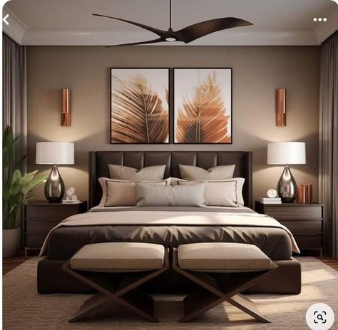 Master Bedrooms Decor With Dark Furniture, Brown Leather Bed Bedroom, Brown Area Rugs Bedroom, Bedroom Decor With Dark Brown Furniture, Guest Bedroom Brown Furniture, Brown Tan Bedroom Ideas, Brown Feature Wall Bedroom, Dark Brown Master Bedrooms Decor, Dark Wood Guest Bedroom