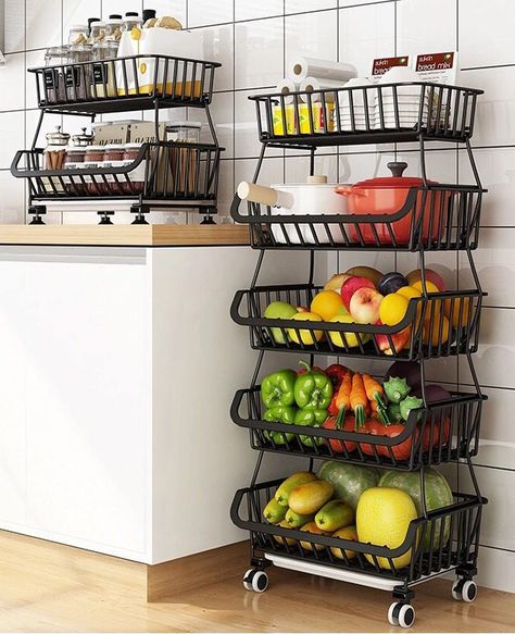 PRICES MAY VARY. Metal Frame with Wire Baskets Heavy Coated Stacking Metal Baskets with Wheels ,works as storage rolling cart, single basket on your counter, save your time and space ensures your kitchen more organized and tidy Heavy Coated Metal Storage Cart: This metal baskets organzier cart are made of strong steel wire with a durable rust-resistant finish, load-bearing capacity up to 150lbs 5 baskets can be used as separately or you can also freely combine them to make a storage shelf cart a Basket Pantry, Storage Bin Shelves, Stackable Baskets, Pantry Organizer, Produce Storage, Wire Basket Storage, Fruit And Vegetable Storage, Organizer Shelf, Vegetable Storage