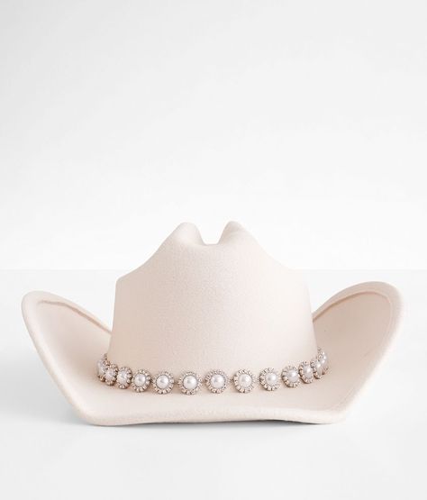 Faux Pearl Cowboy Hat - Cream , Women's Ivory Glitz structured hat Interior cinch tie band 3 1/2 brim One size fits most. 90% Polyester 10% Alloy. Machine wash cold. Do not bleach. Do not tumble dry. Cool iron. Do not dry clean. Apparel & Accessories > Clothing Accessories > Hats Cream Cowgirl Hat, Disco Cowgirl Accessories, Pearl Cowboy Hat, Cowboy Concert Outfits For Women, White Cowgirl Hats, Bling Cowboy Hat, Cowboy Hat Accessories, Women’s Cowboy Hats, Womens Cowboy Hats