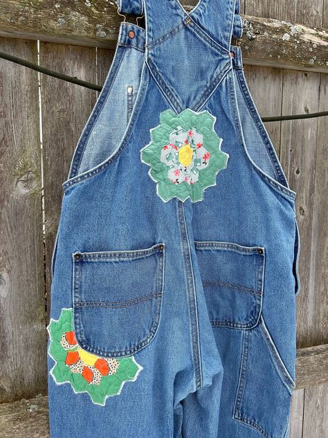 Overalls Upcycle Ideas, Patterned Overalls, Upcycled Overalls, Custom Overalls, Vintage Quilt Blocks, Embroidered Overalls, Redo Clothes, Reworked Clothes, Free Friday