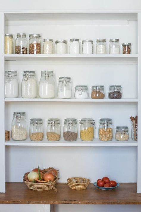 ​A pantry — of either the walk-in or the reach-in variety — can be tricky. Here's what to do to make it work for you. Shallow Pantry, Diy Pantry Organization, Kitchen Cabinet Organization Ideas, Kitchen Cabinet Shelves, Pantry Shelves, Diy Rangement, Shelves Kitchen, Stone Farmhouse, Best Kitchen Cabinets