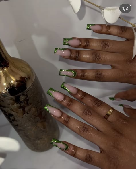 Green And Gold Nail Inspo Acrylic, Green Sets Nails, Shrek Inspired Nails, Gold And Green Prom Nails, Chrome Green French Tip Nails, Green French Tip With Gold, Hunter Green Acrylic Nails, Green Nature Nails, Green Classy Nails