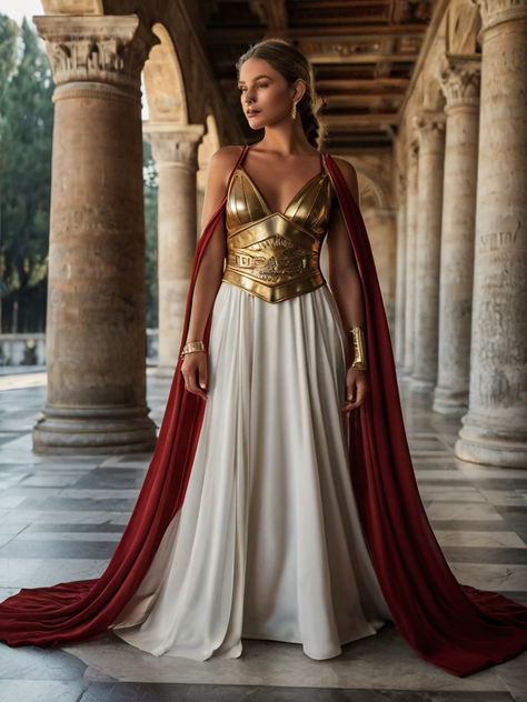 Warrior Goddess Costume, Roman Costume Womens, Athena Inspired Outfit, Athena Goddess Costume, Asgardian Fashion, Roman Dresses, Greek Inspired Dress, Athena Costume, Roman Dress