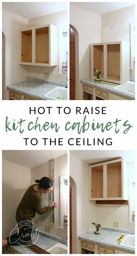 See how to raise kitchen cabinets to the ceiling and added a floating shelf underneath to maximize storage space in a small kitchen. Raise Kitchen Cabinets, Raising Kitchen Cabinets, Kitchen Cabinets To The Ceiling, Cabinets To The Ceiling, Cabinets To Ceiling, 1940s Kitchen, Box Furniture, Maximize Storage, Couch Small