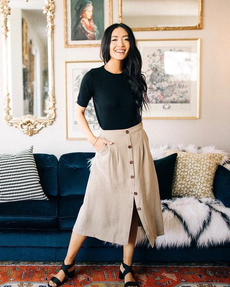 böhme on Instagram: “Smiling because it’s the weekend and our Cora Button Down Midi Skirt in khaki is now available online 💋” Button Front Midi Skirt Outfit, Button Down Midi Skirt, Button Front Midi Skirt, Closet Wishlist, Midi Skirt Outfit, Smile Because, Skirt Outfit, A Skirt, Skirt Outfits