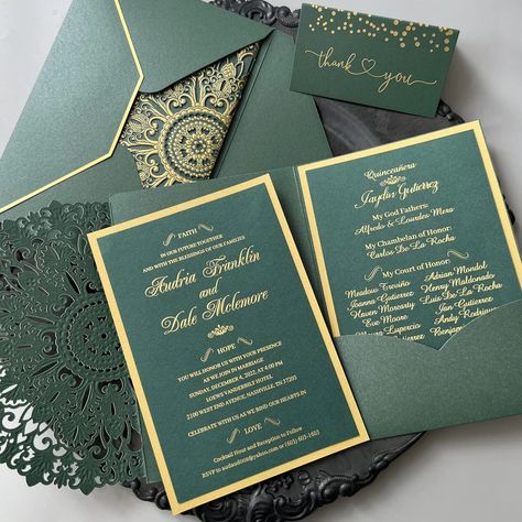 Embossed Jungle Wedding Invitation Suites, Forest Green and Gold Foil Wedding Dark Green And Gold, Emerald Green And Gold Wedding Ideas, Forest Green And Gold Wedding Theme, Wedding Invitations Green And Gold, Forest Green Wedding Invitations, Green And Gold Wedding Invites, Forest Green And Gold Wedding, Emerald Green Invitation, Green And Gold Wedding Invitations