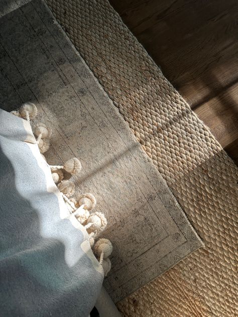 Layering vintage with jute 🤎 Layered Rugs Aesthetic, Layered Neutral Rugs, Double Layered Rugs In Living Room, Living Room Layered Rugs, Layered Bedroom Rugs, Layered Jute Rug Bedroom, Rug Layered Over Jute, Layered Rug Living Room, Jute Layered Rug Living Room