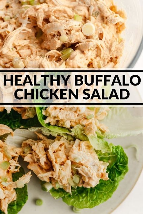 This no-mayo buffalo chicken salad is light thanks to nonfat greek yogurt. It's an easy protein packed entree that's perfect for lunch or meal prep! Light Chicken Salad Healthy, Mayoless Chicken Salad, Salad Recipes With Chicken Healthy, Buffalo Chicken Egg Salad, Buffalo Chicken Greek Yogurt, Cottage Cheese Buffalo Chicken Salad, No Mayo Chicken Salad Recipes, Chicken Salad Recipe Without Mayo, Chicken Salad No Mayo Recipe