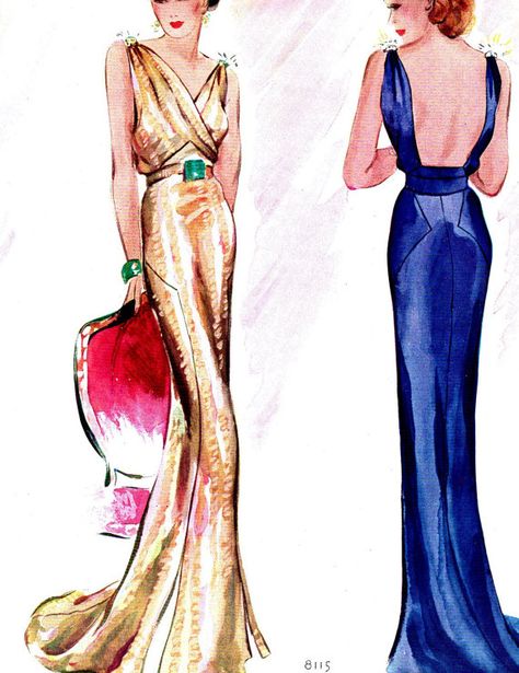 Istoria Modei, Fashion Model Sketch, Vintage Evening Gowns, Patron Vintage, Fashion Illustration Vintage, Vintage Dress Patterns, Moda Retro, Vintage Gowns, 1930s Fashion