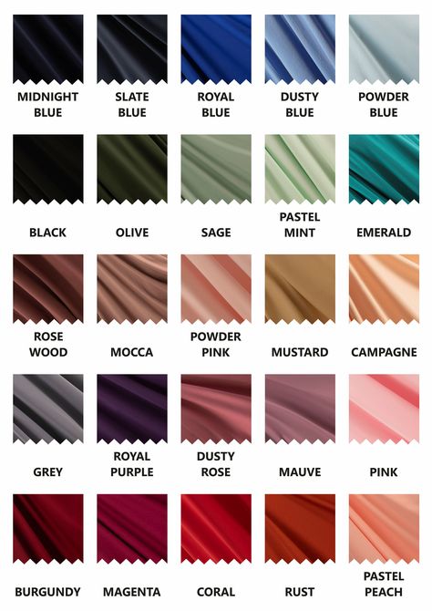 ✨ Infinity Bridesmaid Dress Swatches.  NO RETURNS/EXCHANGES Colour Combinations For Weddings, Shades Of Colors Colour Palettes, Bridesmaid Dress Colors 2024, Bridesmaid Dress Colours, Fabric Color Palette, Infinity Bridesmaid Dress, Colour Shade Card, Color Names Chart, Coral Colour Palette