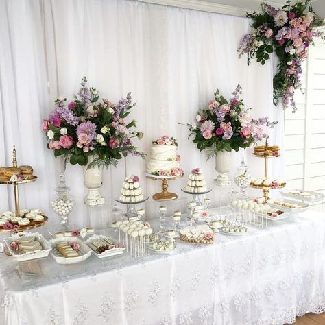 Pink And Purple Dessert Table, White Gold Dessert Table, White And Gold Dessert Table, Purple Dessert Table, Desert Cart, Floral Dessert Table, Purple Dessert Tables, Gold Dessert Table, White Dessert Tables