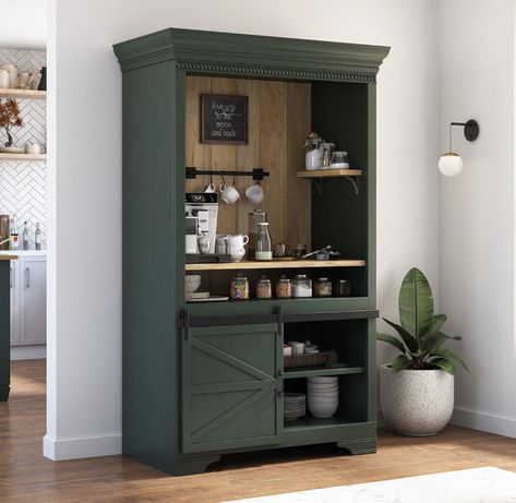 Coffee Bar Ideas: Transform Your Home into a Café Haven — Quick and Easy Recipes Bookshelf Turned Coffee Bar, Forest Green Coffee Bar, Green Coffee Bar Ideas, Farmhouse Bar Cabinet, Armoire To Coffee Bar, Dark Green Coffee Bar, Wardrobe Coffee Bar, Coffee Bar Colors, Coffee Bar Building Plans