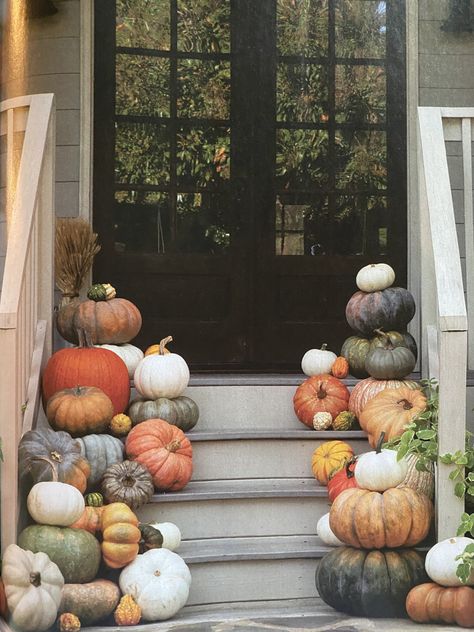 Fairytale Pumpkins Front Porch, Pumpkin Doorstep Decor, Pumpkin Front Steps Decor, Pumpkins Front Steps, Cinderella Pumpkins Front Porch, Pumpkin Walkway Decor, Cascading Pumpkins Front Porch, Pumpkin Steps Decor, Pumpkin Stoop Ideas